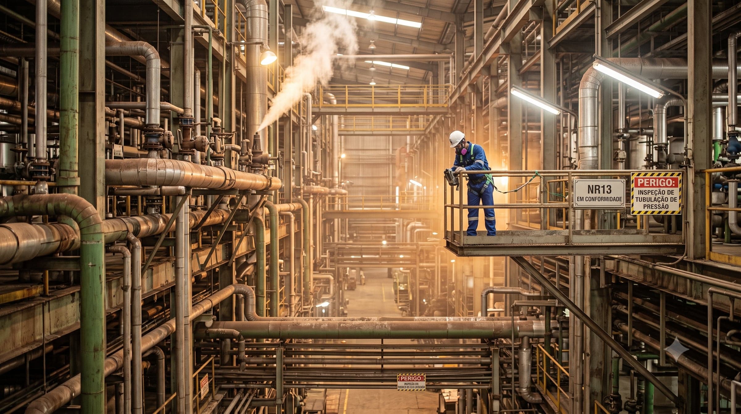 Imagem conceitual ilustrativa de rede de tubulações industriais — gerada por IA, não é registro fotográfico de operação da Engesafe