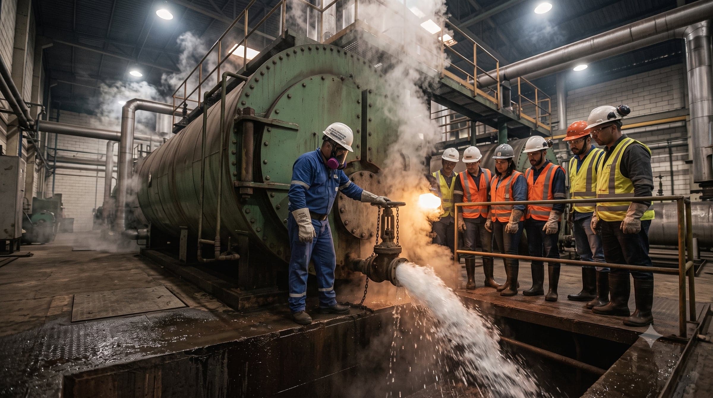 Imagem conceitual ilustrativa de treinamento prático de operadores de caldeira — gerada por IA, não é registro fotográfico de operação da Engesafe