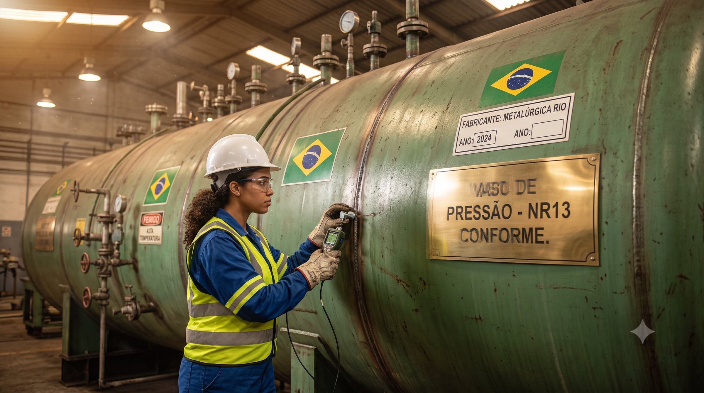 Imagem conceitual ilustrativa de inspeção de vaso de pressão — gerada por IA, não é registro fotográfico de operação da Engesafe
